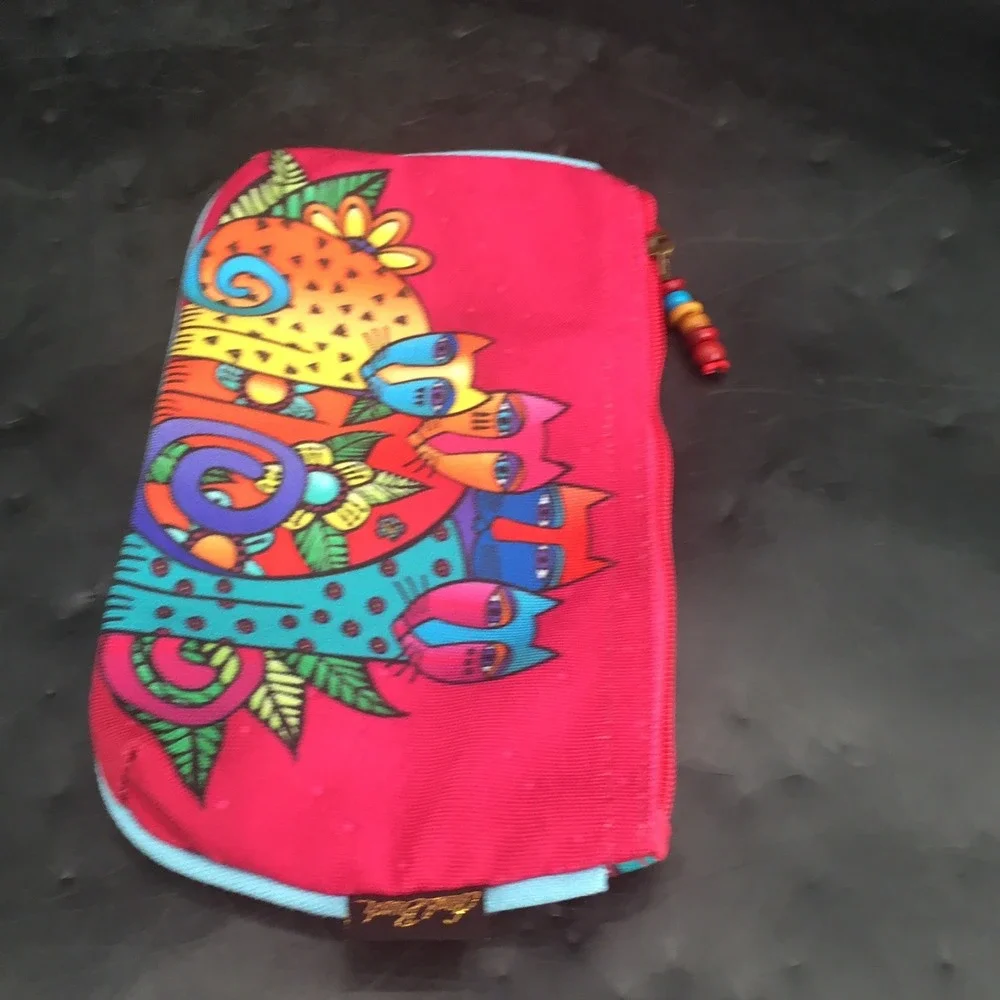 Laurel Burch‎ Colorful Cat Zipper Pouch Coin Purse Cosmetic Bag w/ Beaded Pull